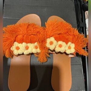 Y2K Women’s Orange Floral Fringe Slide Sandals